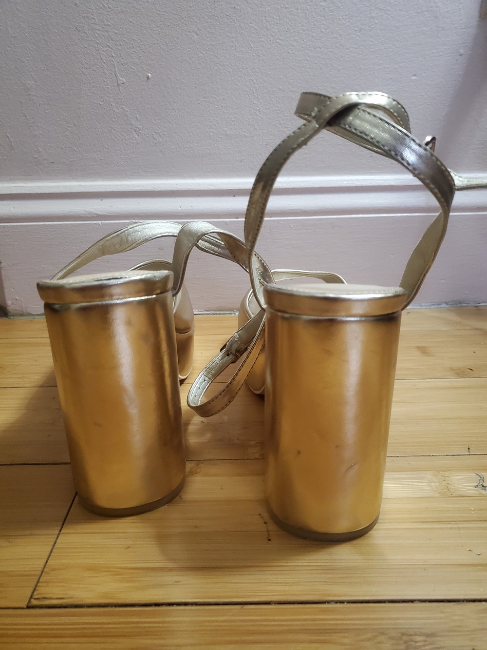 Metallic Gold Platform Sandals with Ankle Strap - Picture 2 of 4